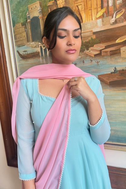Dhiyona ST 3 pc Suit Set -Light Blue Pearl Edge Georgette 3/4th Sleeve Anarkali with Pink Dupatta and Pants