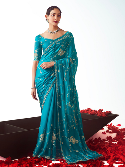 Dhiyona KM Women Teal Silk Saree Partywear Saree