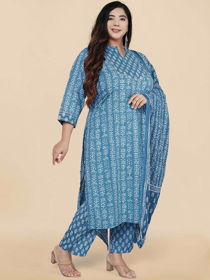 Dhiyona KL Plus Size Floral Printed Gotta Patti Pure Cotton Kurta Set & With Dupatta