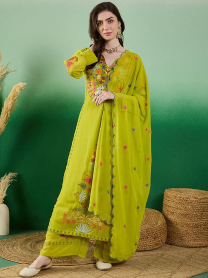 Dhiyona KL Floral Embroidered Regular Straight Kurta with Palazzos & Dupatta