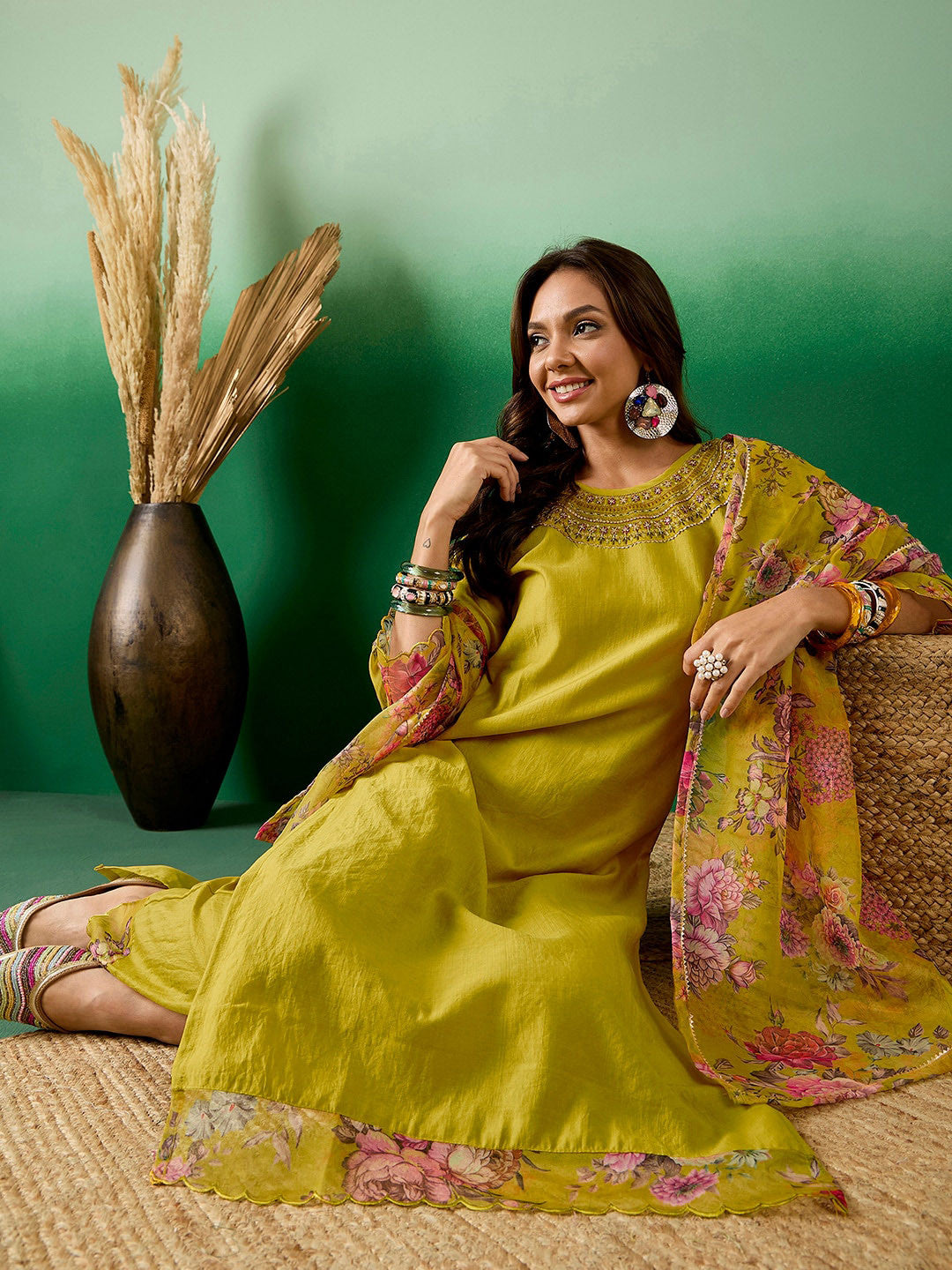 Dhiyona SN Green Floral Embroidered Round Neck Zari A-Line Kurta With Trouser & Dupatta