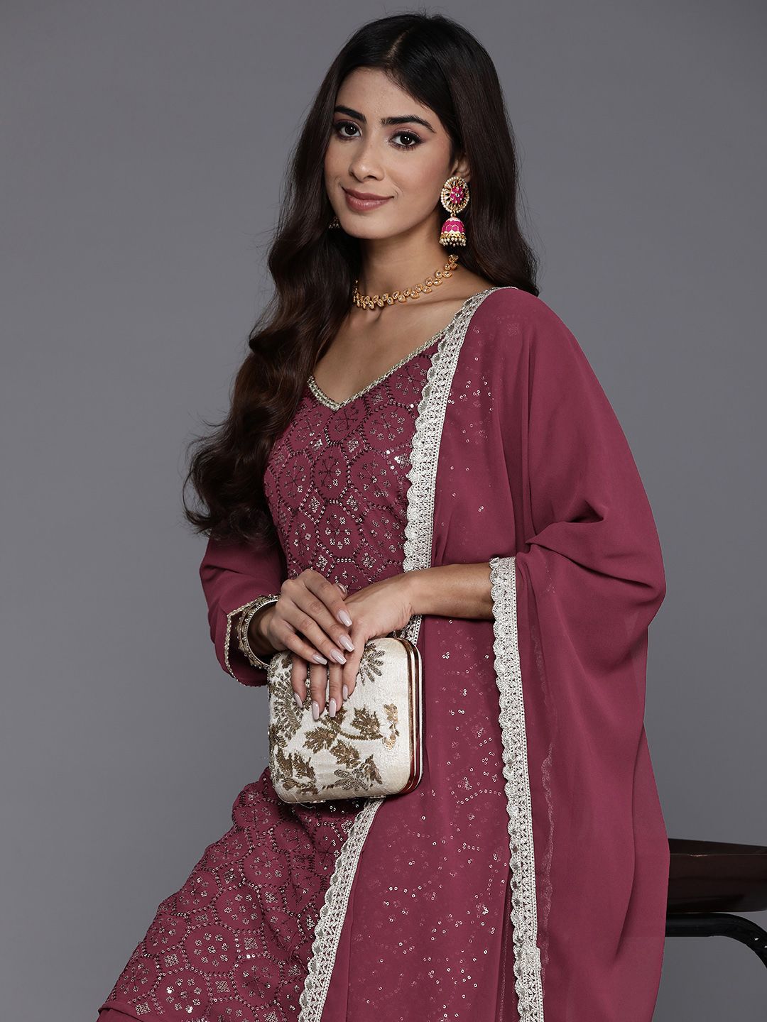 Dhiyona IE Women Embroidered Straight Sequinned Kurta with Sharara & With Dupatta