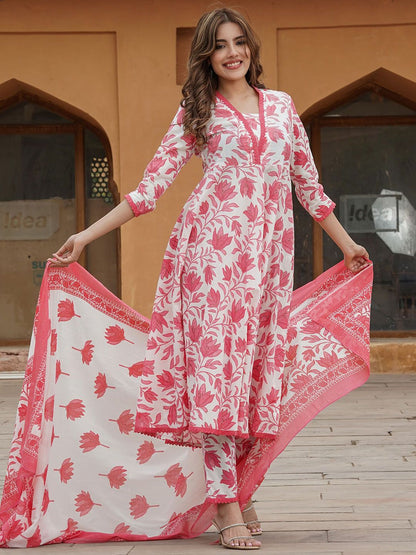 Dhiyona KL Floral Printed V-Neck Regular Kurta With Trousers & Dupatta