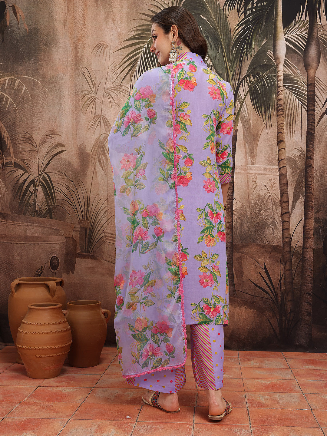 Women Floral Printed Pleated Kurta with Palazzos & With Dupatta