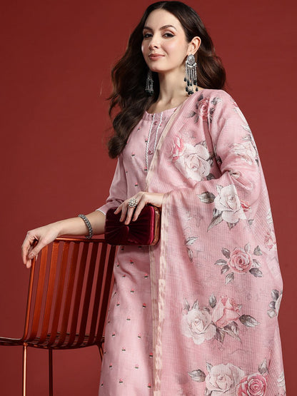 Floral Embroidered Thread Work Linen Kurta with Trousers & With Dupatta