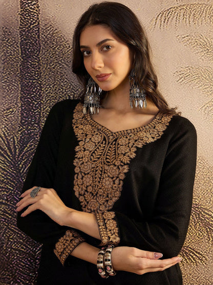 Pashmina Qazmi Winter Black Kashmiri Aari Embroidery work Kurta set