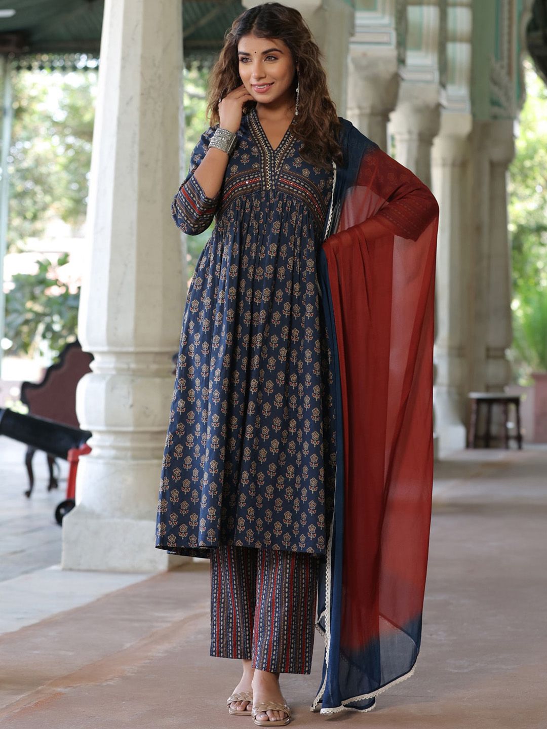 Dhiyona RR Women's Printed Empire Sequinned Pure Cotton Kurta with Trousers & Dupatta