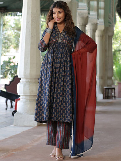 Dhiyona RR Women's Printed Empire Sequinned Pure Cotton Kurta with Trousers & Dupatta