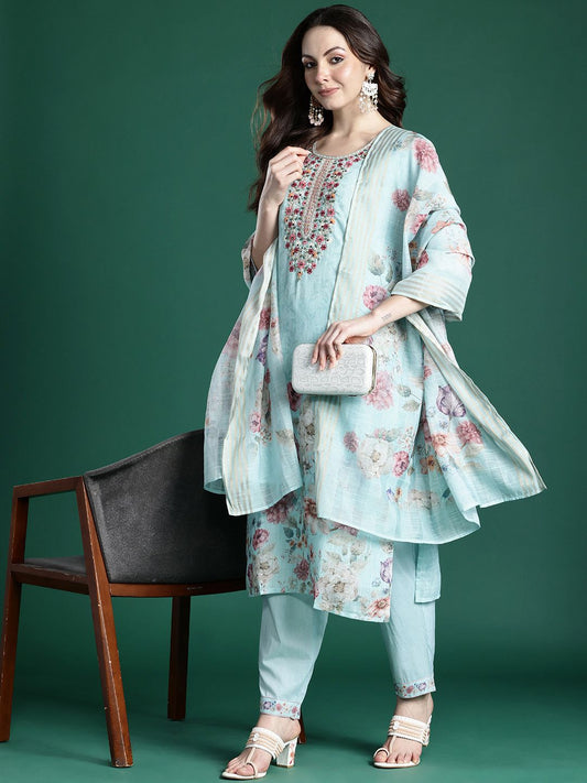 Floral Embroidered Linen Kurta with Trousers & With Dupatta