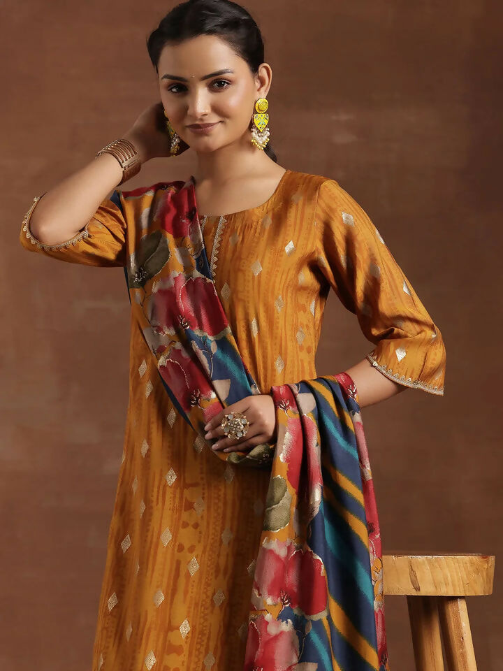 Women's LB Mustard Woven Design Silk Blend Straight Suit With Dupatta