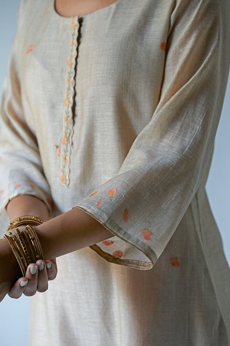 Women's Beige Woven Kurta Suit Set With Delicate Hand Work Detailing and Embroidery Placket