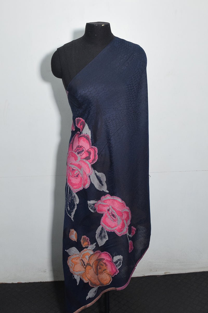 Women's Navy Blue Woven Jacquard Pashmina Shawl