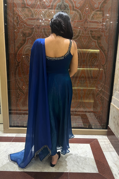 Dhiyona ST 3 Pc Set -  Peacock Satin Sleeveless Anarkali Suit with Black Glass Beads Neckline with Pants and Dupatta
