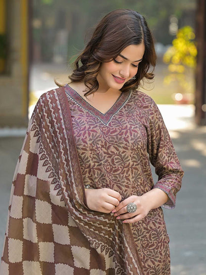 Dhiyona KL Floral Printed V Neck Gotta Patti Straight Kurta With Trousers & Dupatta