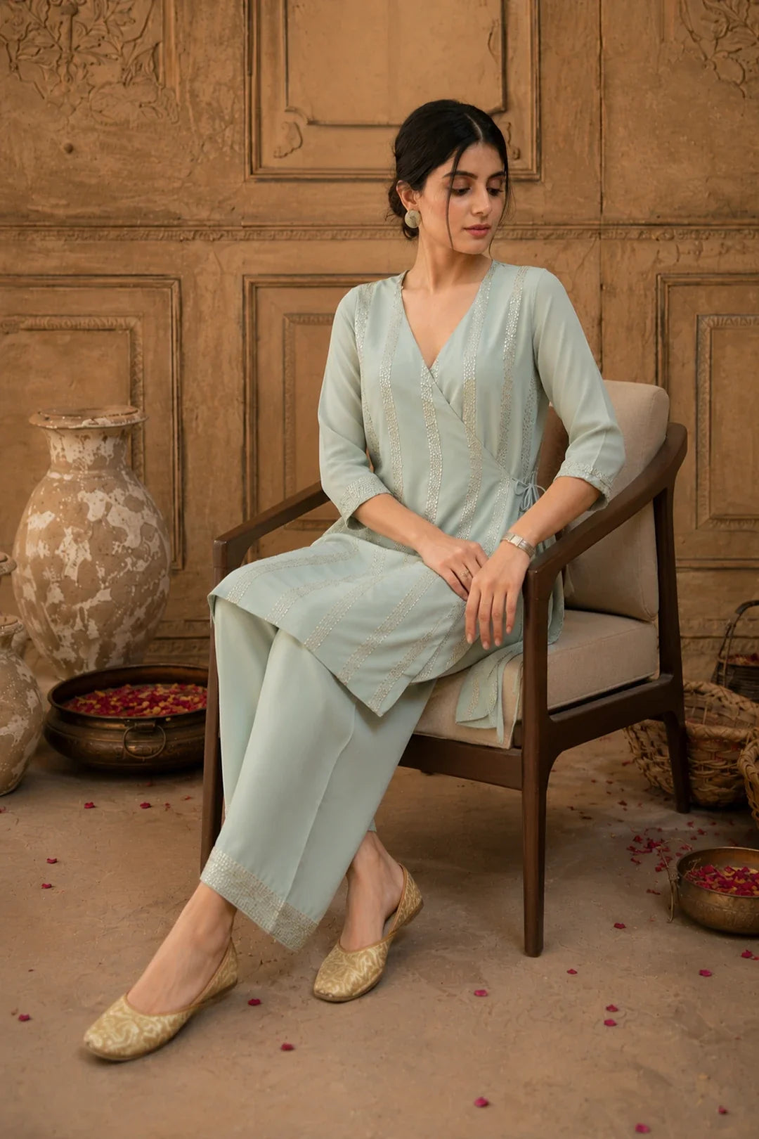 Sage Grey Sequin Angrakha Kurta Set