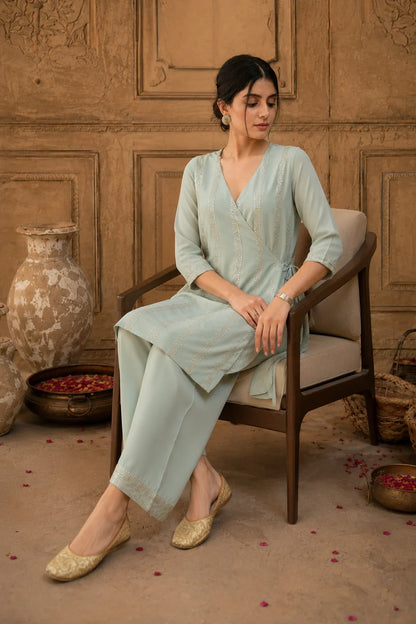 Sage Grey Sequin Angrakha Kurta Set