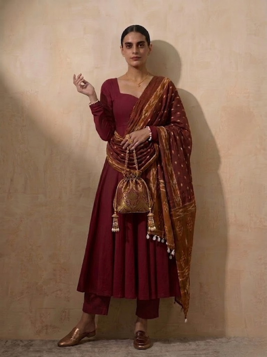 Dhiyona ST 3 Pc Set - Maroon Cotton Anarkali with Cowrie on Sleeve and Printed Dupatta Ends