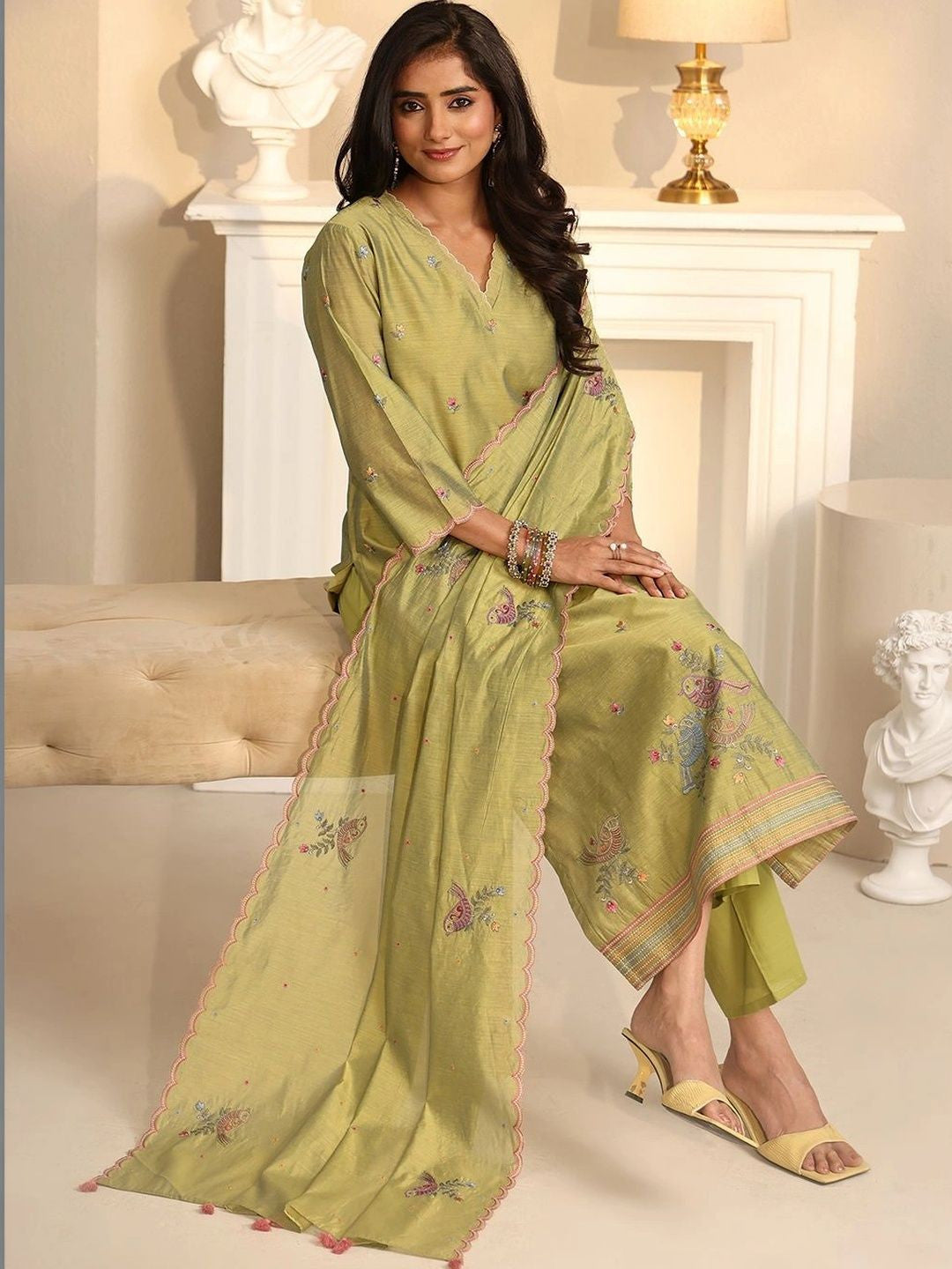 Fern Green Bird Embroidered Chanderi Silk Straight Suit Set