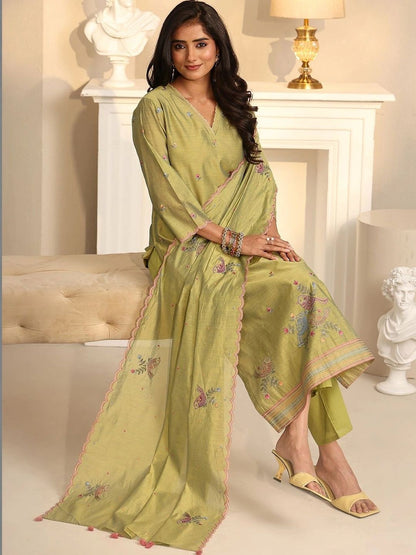 Fern Green Bird Embroidered Chanderi Silk Straight Suit Set
