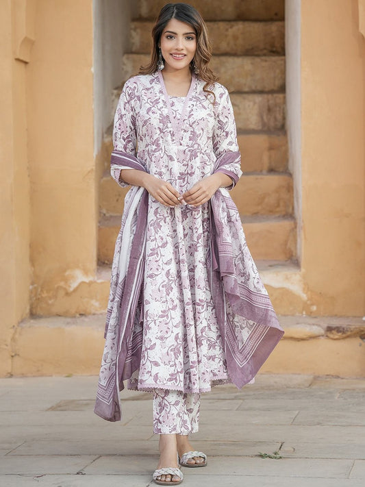 Dhiyona KL V-Neck Floral Printed Regular Thread Work Pure Cotton Kurta Set