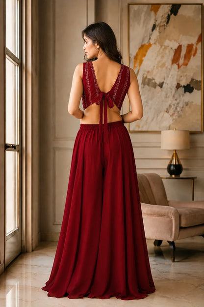 Maroon Sequin Jacket Palazzo & Back Tie Blouse Set
