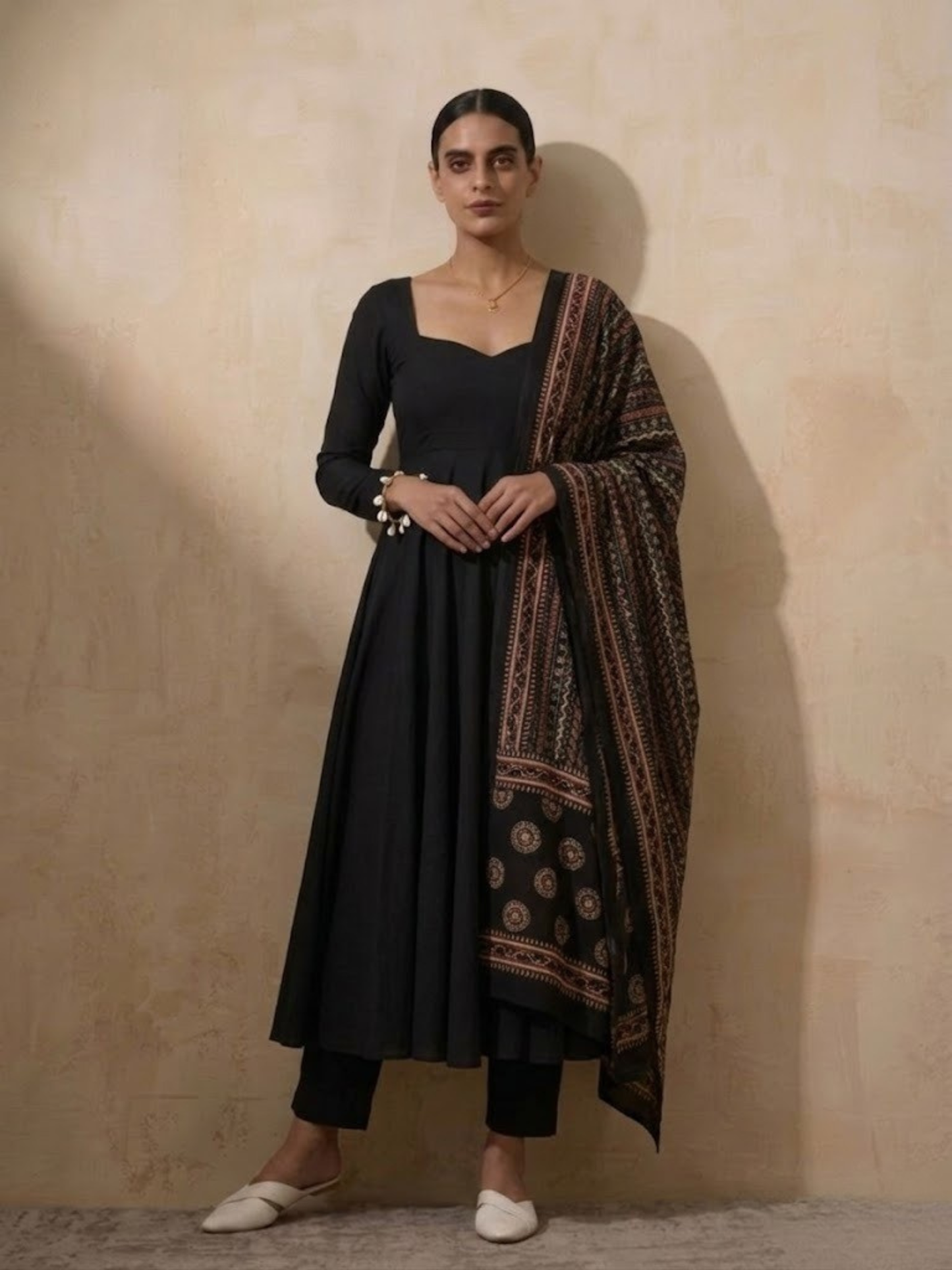 Dhiyona ST 3 Pc Set - Black Cotton Anarkali with Black Printed Dupatta