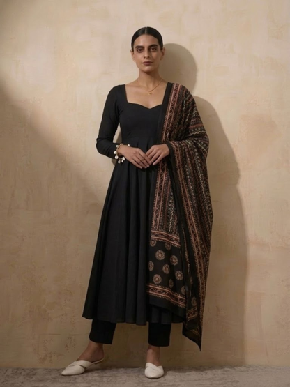 Dhiyona ST 3 Pc Set - Black Cotton Anarkali with Black Printed Dupatta