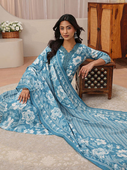Libas Blue Floral Printed Straight Suit Set