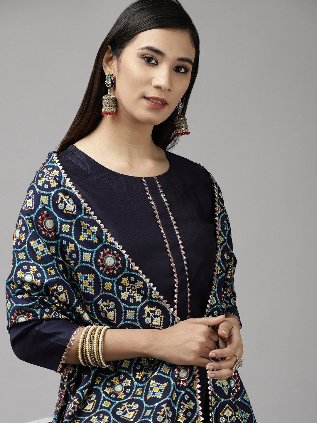 Women Navy Blue Gotta Patti Kurta with Trousers & With Dupatta