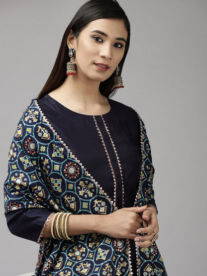 Women Navy Blue Gotta Patti Kurta with Trousers & With Dupatta