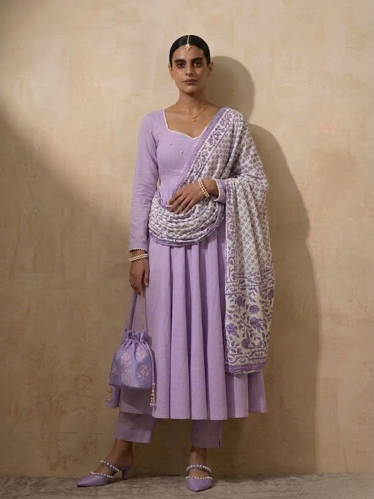 Dhiyona ST 3 Pc Set - Lilac Cotton Anarkali with Pearls and Lilac Printed Dupatta