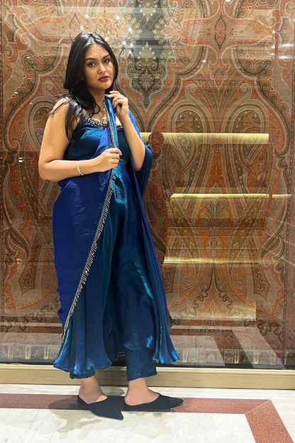Dhiyona ST 3 Pc Set -  Peacock Satin Sleeveless Anarkali Suit with Black Glass Beads Neckline with Pants and Dupatta