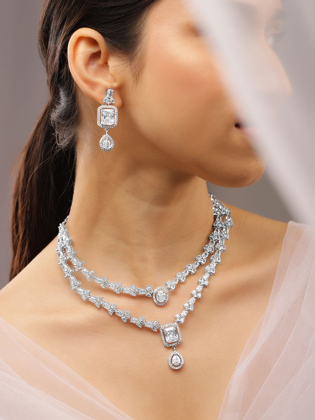 Dhiyona RJ Women's Rhodium-Plated White Cubic Zirconia Studded Luxe Double-Layer Necklace Set