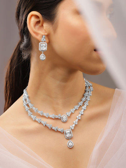 Dhiyona RJ Women's Rhodium-Plated White Cubic Zirconia Studded Luxe Double-Layer Necklace Set