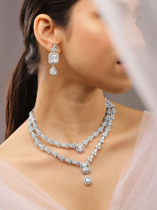 Dhiyona RJ Women's Rhodium-Plated White Cubic Zirconia Studded Luxe Double-Layer Necklace Set