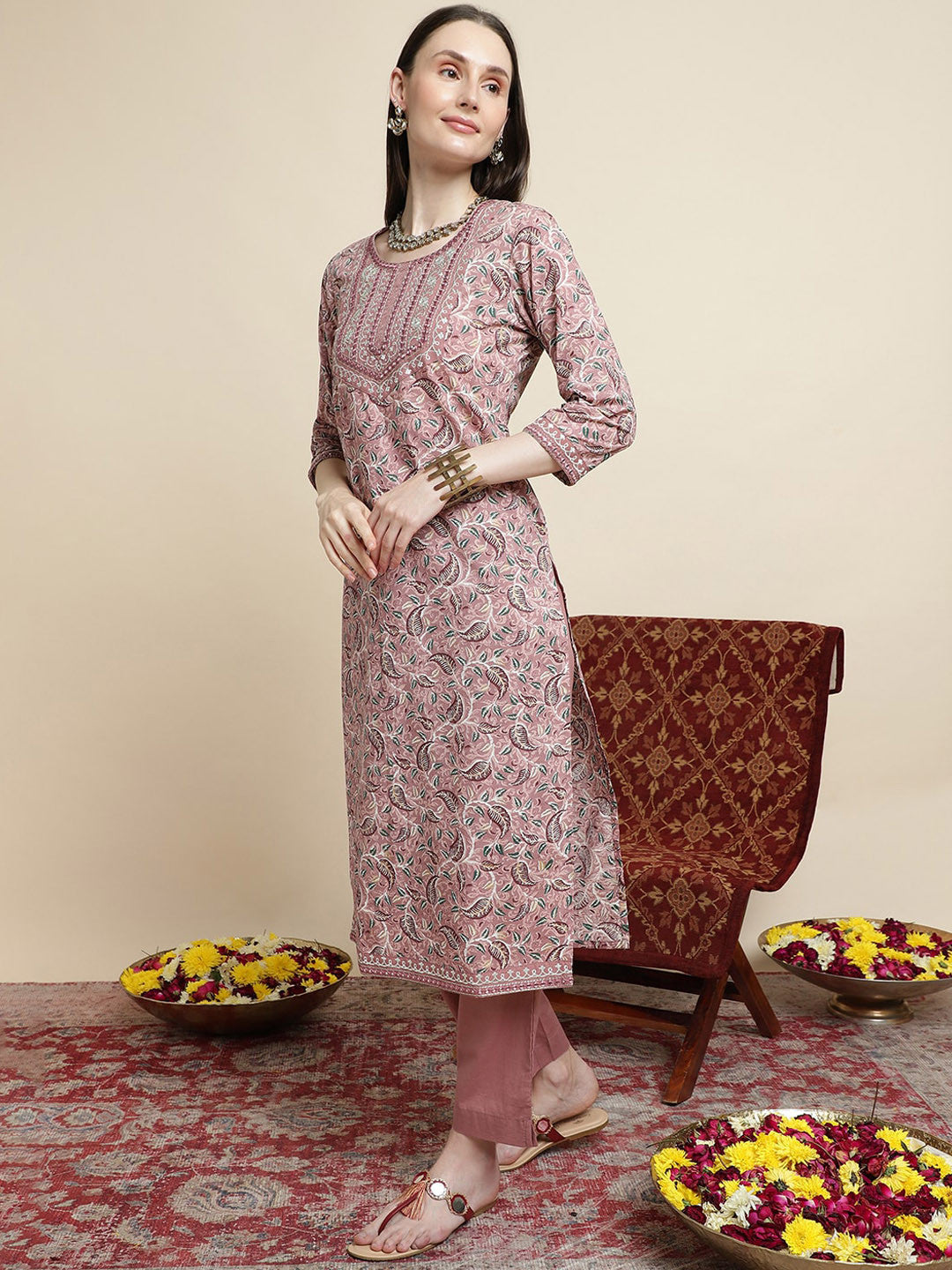 Floral Printed Pure Cotton Round Neck Kurta With Trousers & Dupatta