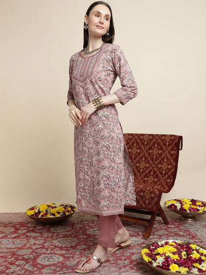 Floral Printed Pure Cotton Round Neck Kurta With Trousers & Dupatta