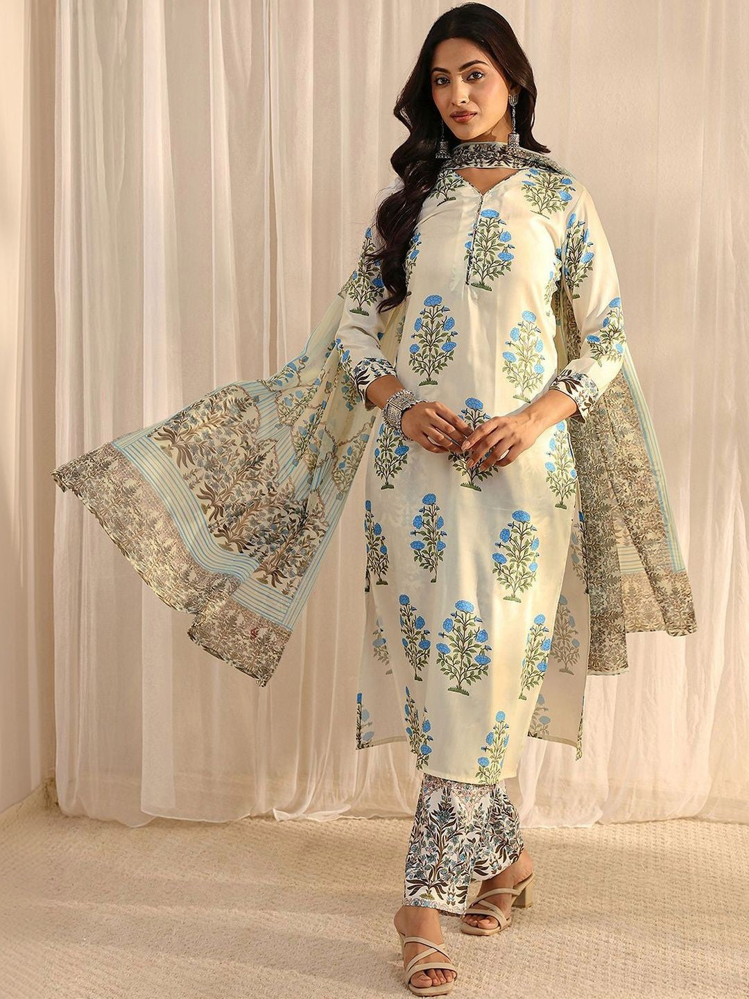 Off White Floral Printed Chanderi Silk Straight Suit Set with Dupatta