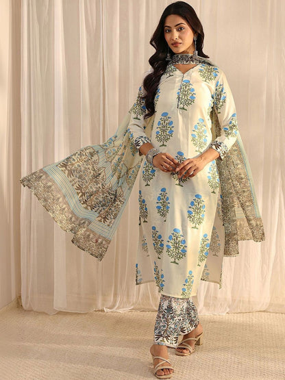Off White Floral Printed Chanderi Silk Straight Suit Set with Dupatta