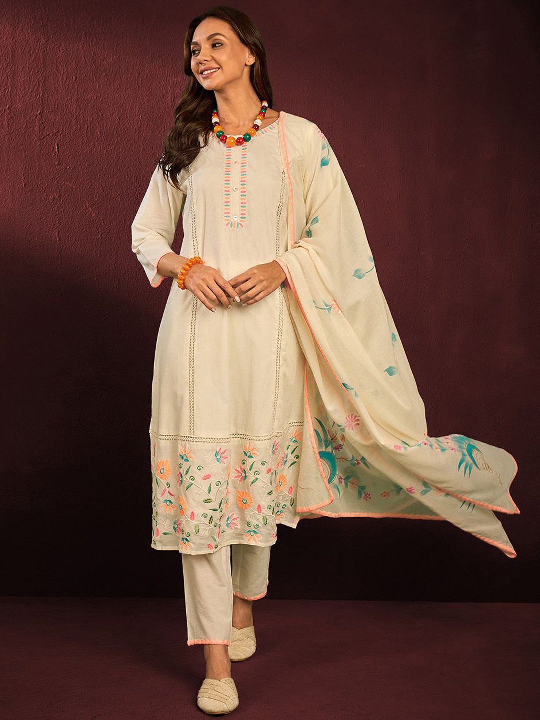 Dhiyona IS Women's Floral Embroidered Straight Pure Cotton Thread Work Kurta with Trousers & Dupatta