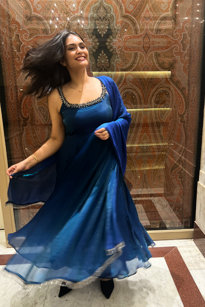 Dhiyona ST 3 Pc Set -  Peacock Satin Sleeveless Anarkali Suit with Black Glass Beads Neckline with Pants and Dupatta