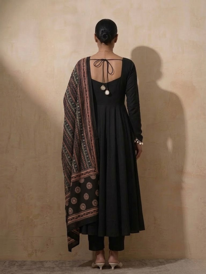 Dhiyona ST 3 Pc Set - Black Cotton Anarkali with Black Printed Dupatta