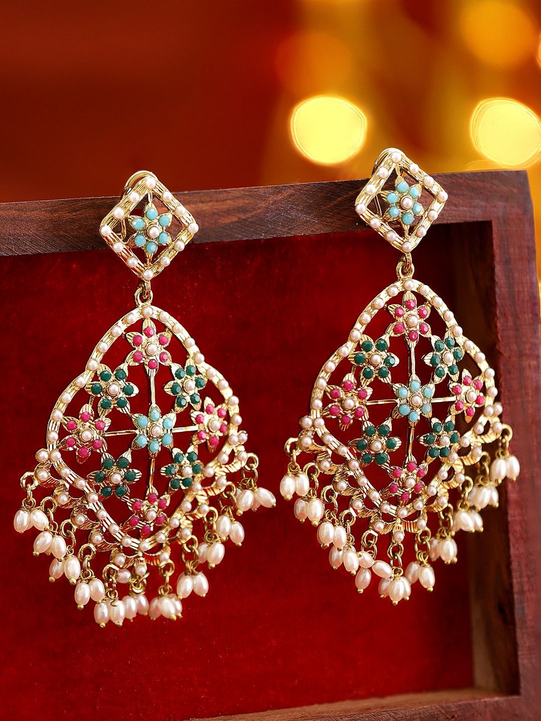 Dhiyona RJ Women's 22K Antique Gold Plated Multi Color Stone Studded Long Chandbalis