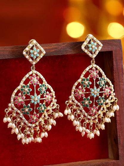 Dhiyona RJ Women's 22K Antique Gold Plated Multi Color Stone Studded Long Chandbalis