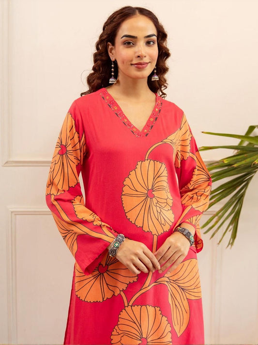 Dhiyona IE Pink Printed V-Neck Long Sleeve Tunic With Trouser Co-Ords