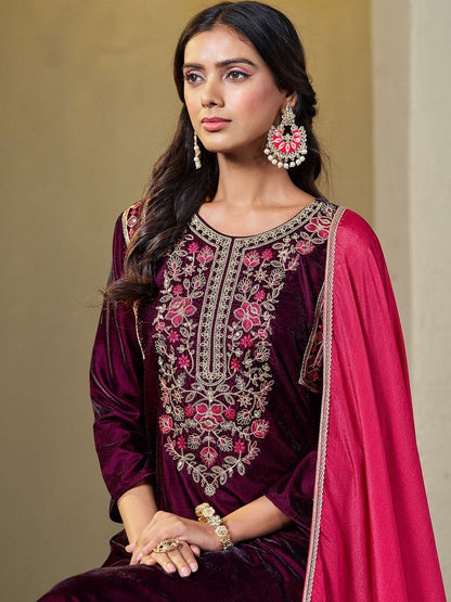 Women Velvet Yoke Embroidery Straight Kurta Pant With Dupatta Set