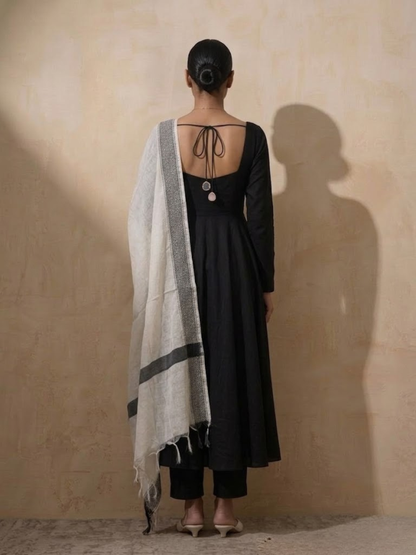Dhiyona ST 3 Pc Set - Black Cotton Anarkali with Woven Cream Black Dupatta