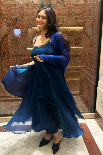 Dhiyona ST 3 Pc Set -  Peacock Satin Sleeveless Anarkali Suit with Black Glass Beads Neckline with Pants and Dupatta