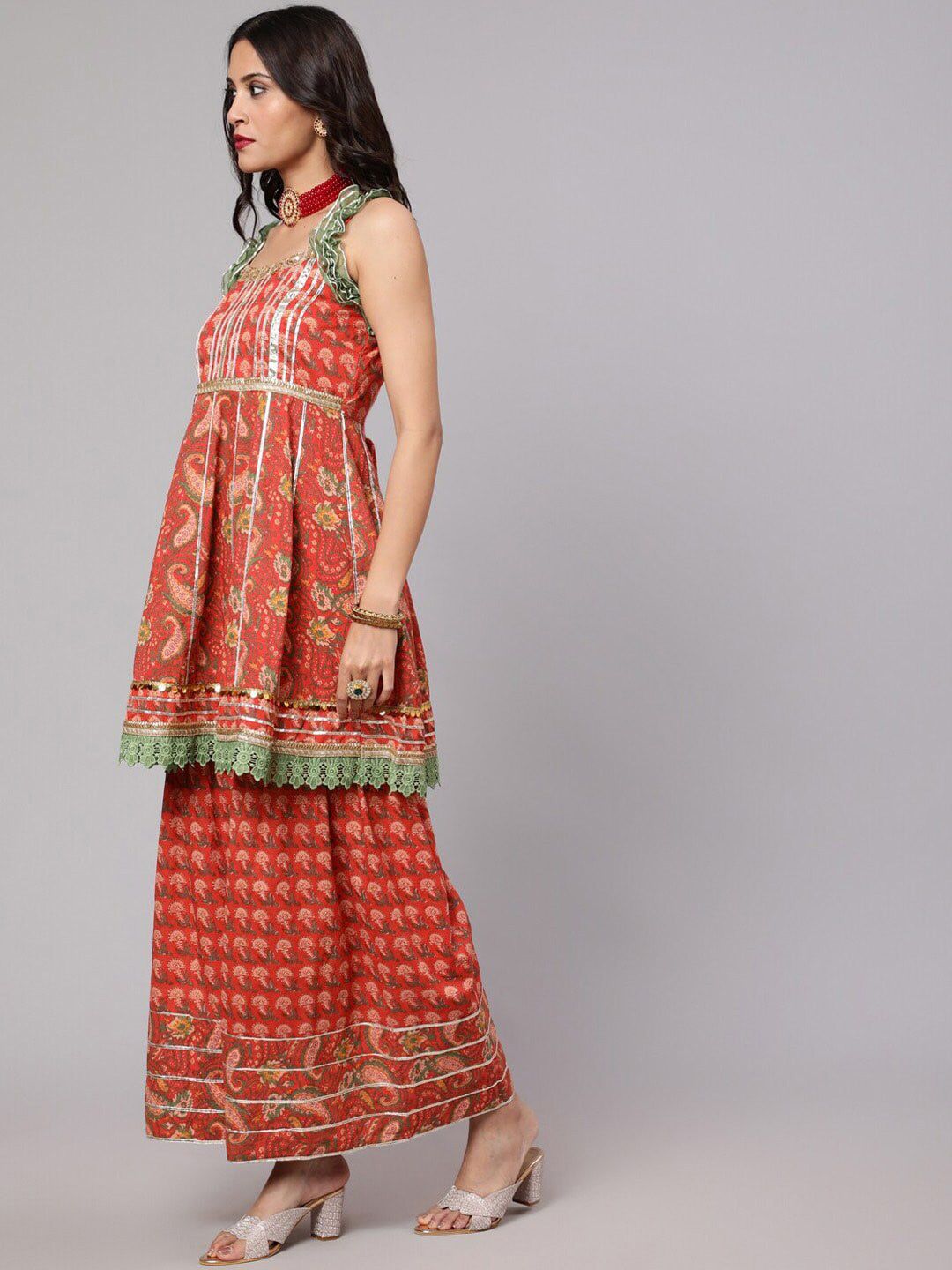 Dhiyona AN Ethnic Motifs Printed Empire Gotta Patti Pure Cotton A-Line Kurta with Sharara