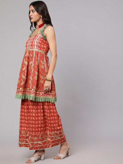 Dhiyona AN Ethnic Motifs Printed Empire Gotta Patti Pure Cotton A-Line Kurta with Sharara